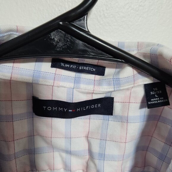 Tommy Hilfiger Button Front Shirt Mens Size Large Slim Fit Stretch White Plaid - Picture 3 of 3